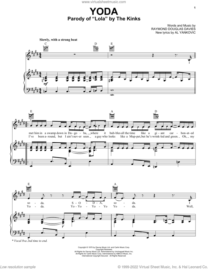 Yoda sheet music for voice, piano or guitar by 'Weird Al' Yankovic, New Lyrics By Al Yankovic and Raymond Douglas Davis, intermediate skill level
