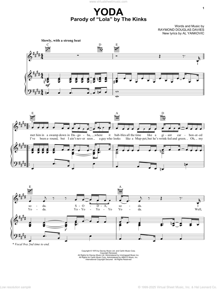 Yoda sheet music for voice, piano or guitar by 'Weird Al' Yankovic, New Lyrics By Al Yankovic and Raymond Douglas Davis, intermediate skill level