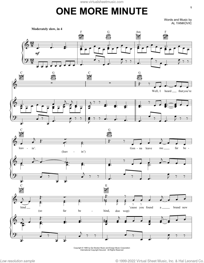 One More Minute sheet music for voice, piano or guitar by 'Weird Al' Yankovic and Al Yankovic, intermediate skill level