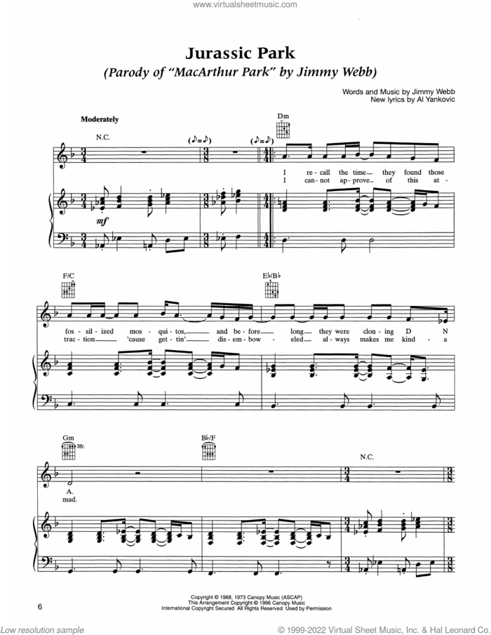 Jurassic Park sheet music for voice, piano or guitar by 'Weird Al' Yankovic, Jimmy Webb and New Lyrics By Al Yankovic, intermediate skill level