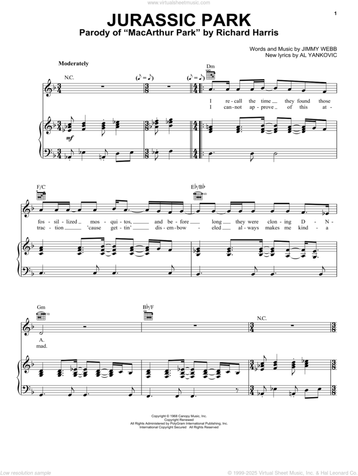 Jurassic Park sheet music for voice, piano or guitar by 'Weird Al' Yankovic, Jimmy Webb and New Lyrics By Al Yankovic, intermediate skill level