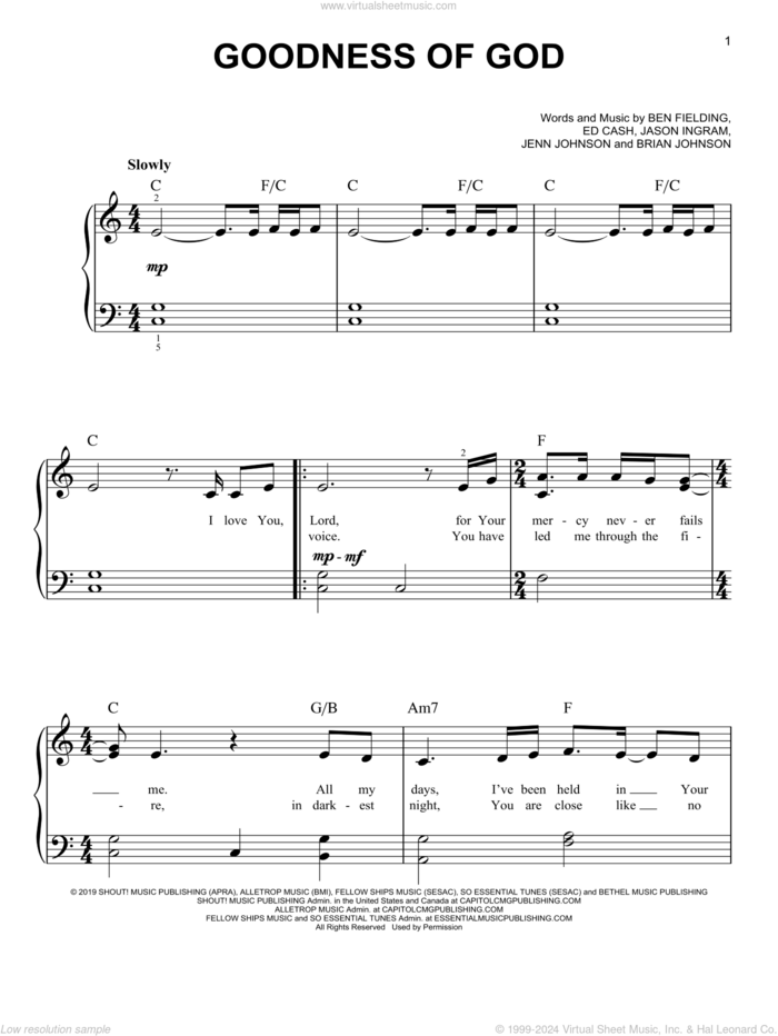 Goodness of God sheet music for piano solo by Bethel Music and Jenn Johnson, CeCe Winans, Ben Fielding, Brian Johnson, Ed Cash, Jason Ingram and Jenn Johnson, easy skill level