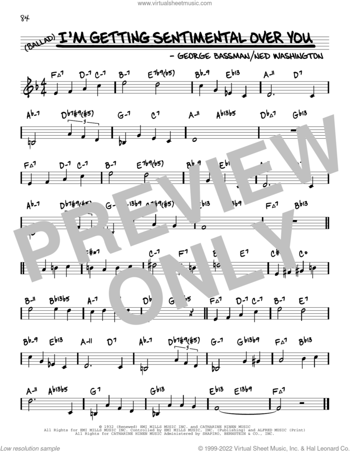 I'm Getting Sentimental Over You (arr. David Hazeltine) sheet music for voice and other instruments (real book) by Tommy Dorsey and His Orchestra, David Hazeltine, George Bassman and Ned Washington, intermediate skill level