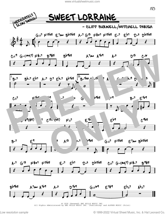 Sweet Lorraine (arr. David Hazeltine) sheet music for voice and other instruments (real book) by Mitchell Parish, David Hazeltine and Cliff Burwell, intermediate skill level