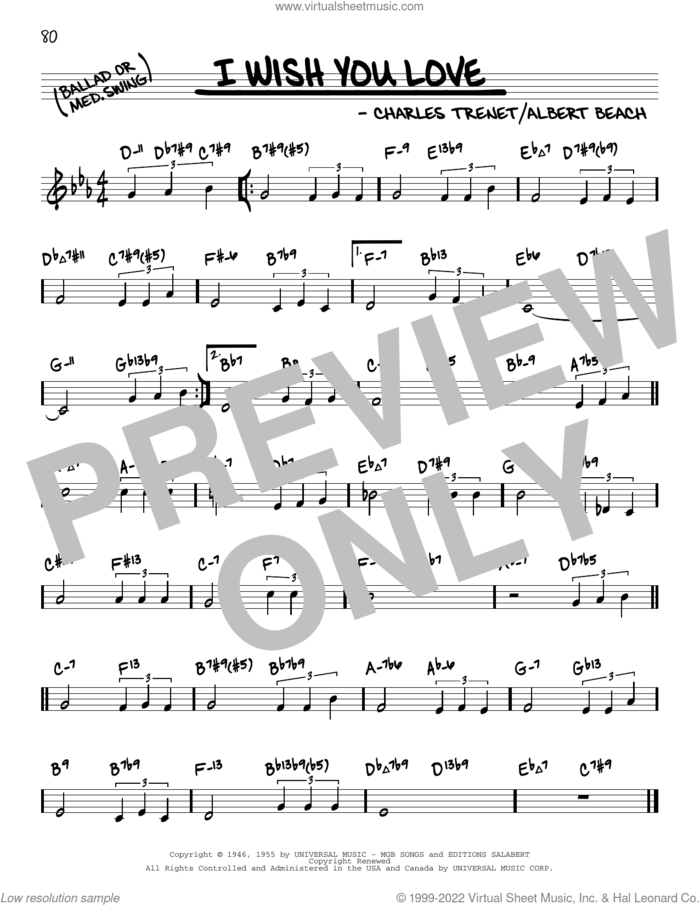 I Wish You Love (arr. David Hazeltine) sheet music for voice and other instruments (real book) by Charles Trenet, David Hazeltine and Albert Beach, intermediate skill level