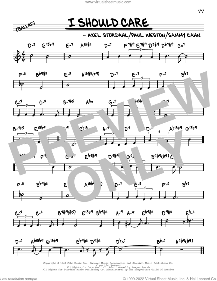 I Should Care (arr. David Hazeltine) sheet music for voice and other instruments (real book) by Sammy Cahn, David Hazeltine, Axel Stordahl and Paul Weston, intermediate skill level