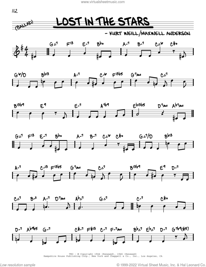 Lost In The Stars (arr. David Hazeltine) sheet music for voice and other instruments (real book) by Kurt Weill, David Hazeltine and Maxwell Anderson, intermediate skill level
