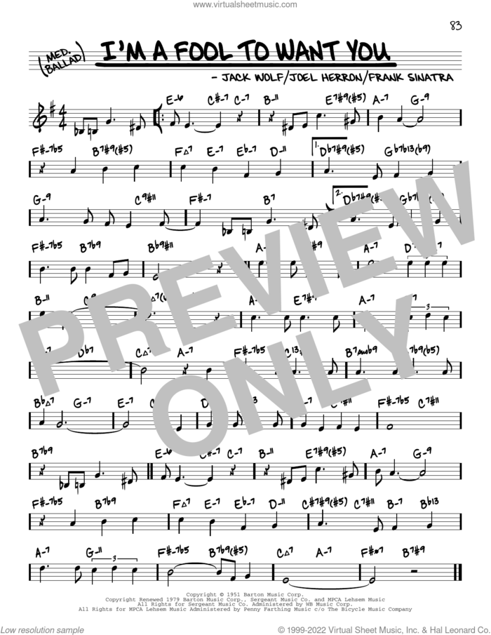I'm A Fool To Want You (arr. David Hazeltine) sheet music for voice and other instruments (real book) by Frank Sinatra, David Hazeltine, Jack Wolf and Joel Herron, intermediate skill level