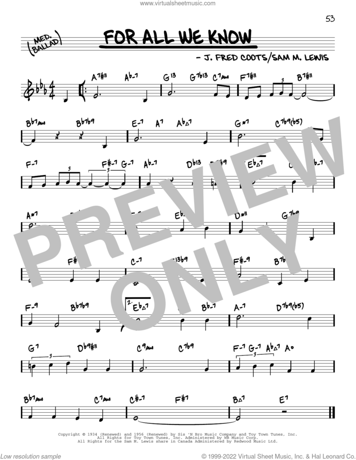 For All We Know (arr. David Hazeltine) sheet music for voice and other instruments (real book) by J. Fred Coots, David Hazeltine and Sam Lewis, intermediate skill level