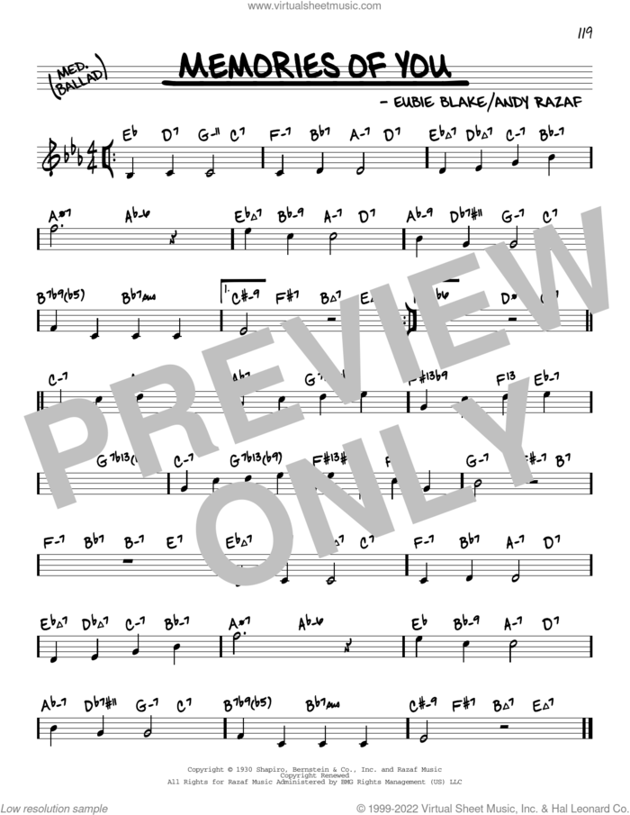 Memories Of You (arr. David Hazeltine) sheet music for voice and other instruments (real book) by Andy Razaf, David Hazeltine and Eubie Blake, intermediate skill level