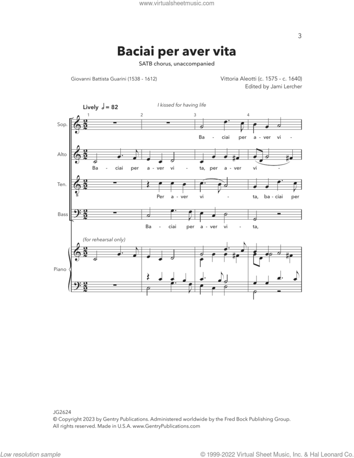 Baciai Per Aver Vita sheet music for choir (SATB: soprano, alto, tenor, bass) by Vittoria Aleotti, Giovanni Battista Guarini and Jami Lercher, intermediate skill level