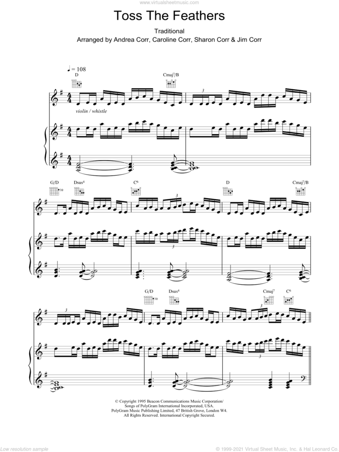 Toss The Feathers sheet music for voice, piano or guitar by The Corrs, intermediate skill level