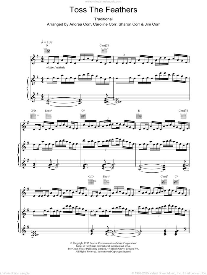 Toss The Feathers sheet music for voice, piano or guitar by The Corrs, intermediate skill level