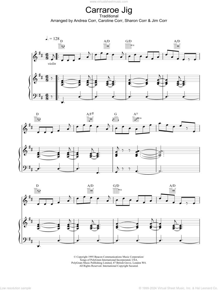Carraroe Jig sheet music for voice, piano or guitar by The Corrs, intermediate skill level