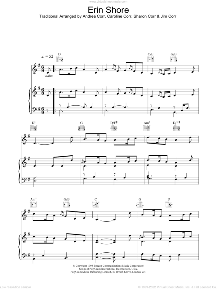 Erin Shore sheet music for voice, piano or guitar by The Corrs, intermediate skill level