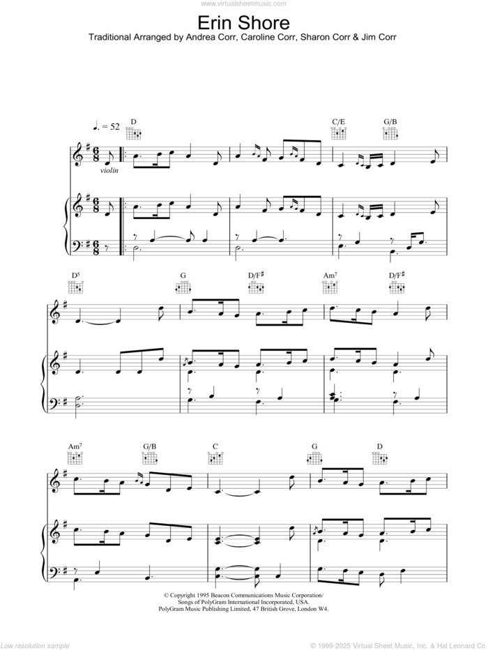 Erin Shore sheet music for voice, piano or guitar by The Corrs, intermediate skill level