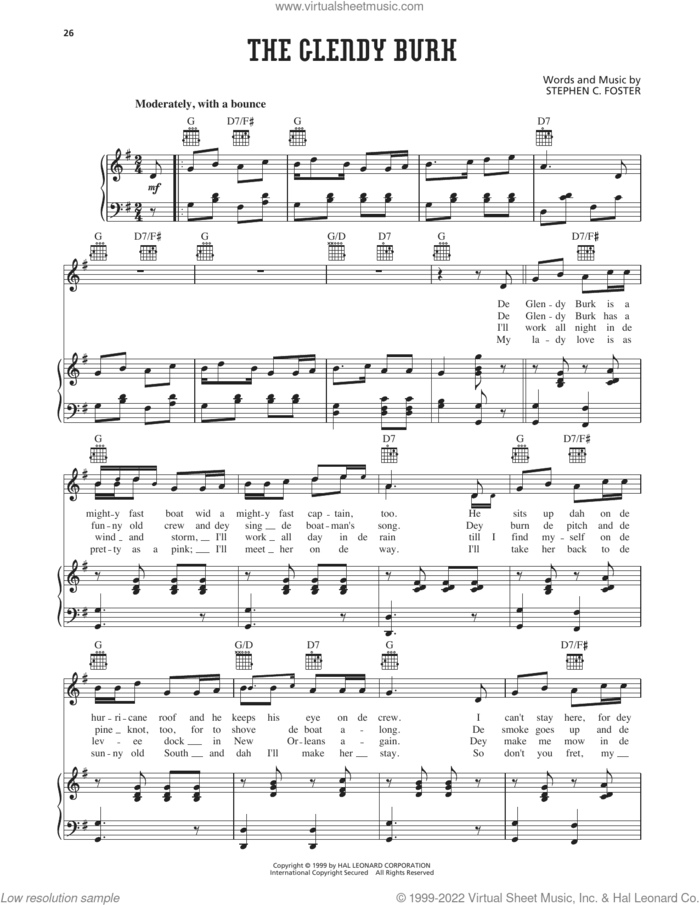 The Glendy Burk sheet music for voice, piano or guitar by Stephen Foster, intermediate skill level