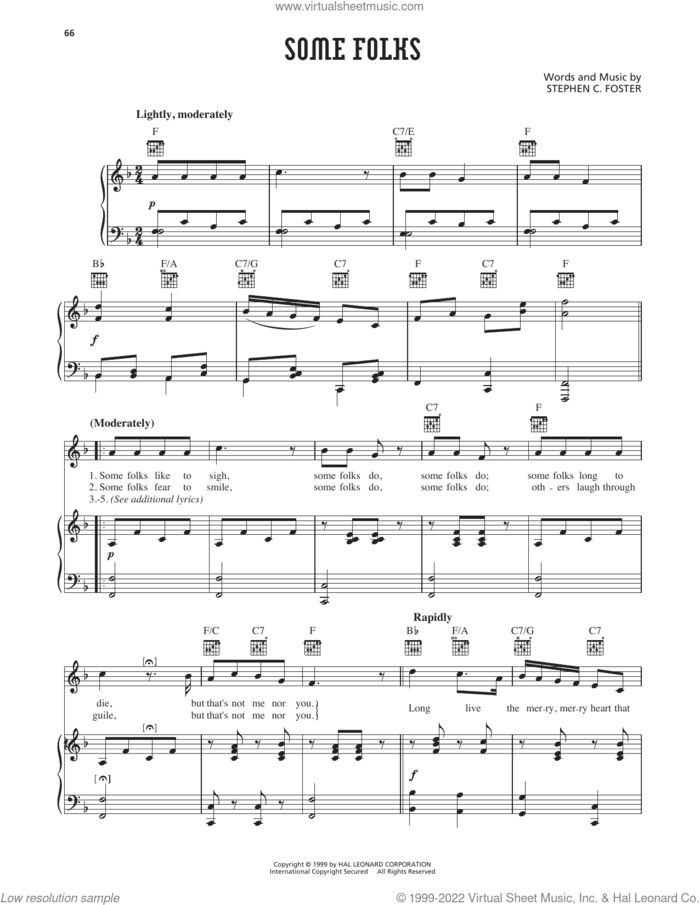 Some Folks sheet music for voice, piano or guitar by Stephen Foster, intermediate skill level