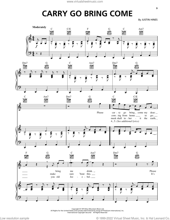 Carry Go Bring Come sheet music for voice, piano or guitar by Justin Hinds, intermediate skill level