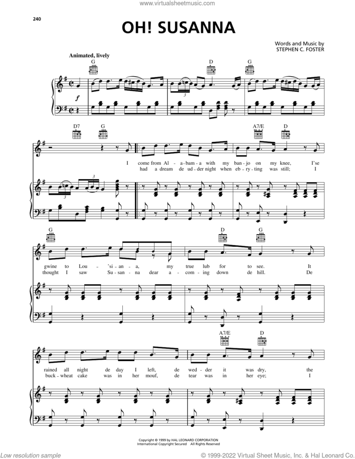 Oh! Susanna sheet music for voice, piano or guitar by Stephen Foster, intermediate skill level