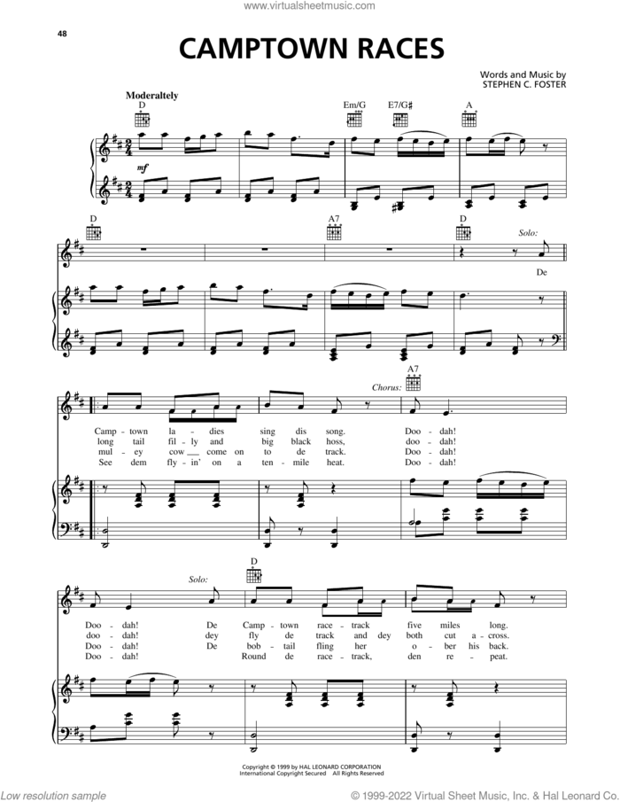 Camptown Races sheet music for voice, piano or guitar by Stephen Foster, intermediate skill level