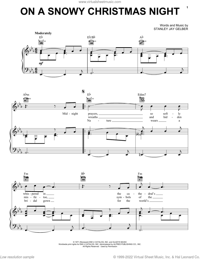 On A Snowy Christmas Night sheet music for voice, piano or guitar by Elvis Presley and Stanley Jay Gelber, intermediate skill level