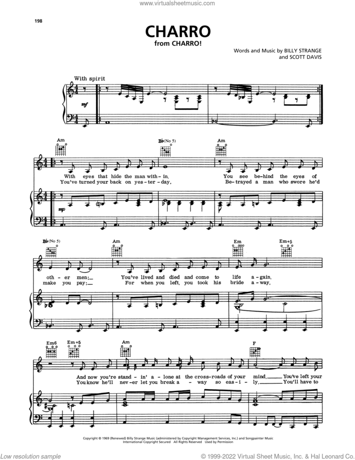 Charro sheet music for voice, piano or guitar by Elvis Presley, Billy Strange and Scott Davis, intermediate skill level