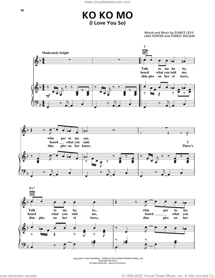 Ko Ko Mo (I Love You So) sheet music for voice, piano or guitar by The Crew Cuts, Eunice Levy, Forest Wilson and Jake Porter, intermediate skill level