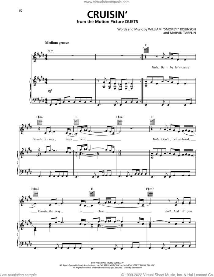 Cruisin' sheet music for voice, piano or guitar by William 'Smokey' Robinson, Huey Lewis and Marvin Tarplin, intermediate skill level