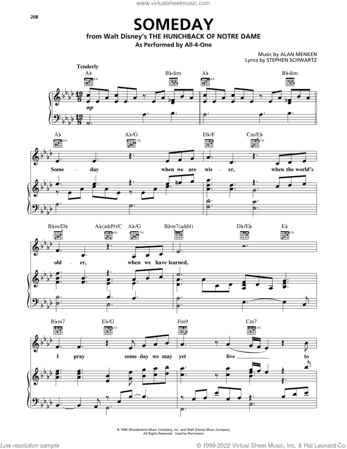 Someday (from The Hunchback Of Notre Dame) sheet music for voice, piano or guitar by All-4-One, Alan Menken and Stephen Schwartz, intermediate skill level
