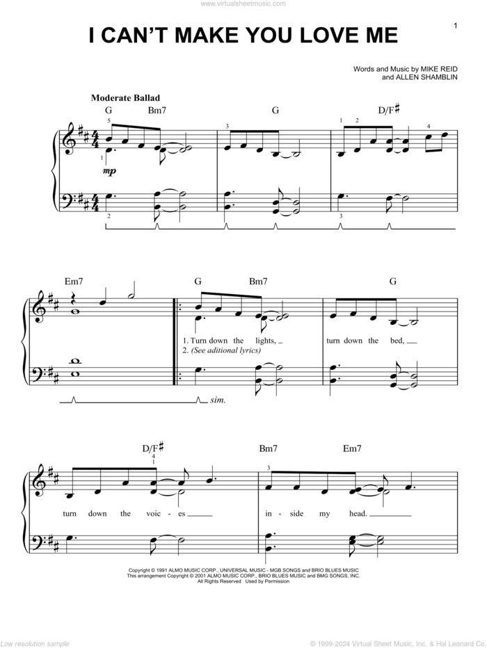 I Can't Make You Love Me (arr. Phillip Keveren) sheet music for piano solo by Bonnie Raitt, Phillip Keveren, George Michael, Allen Shamblin and Mike Reid, easy skill level