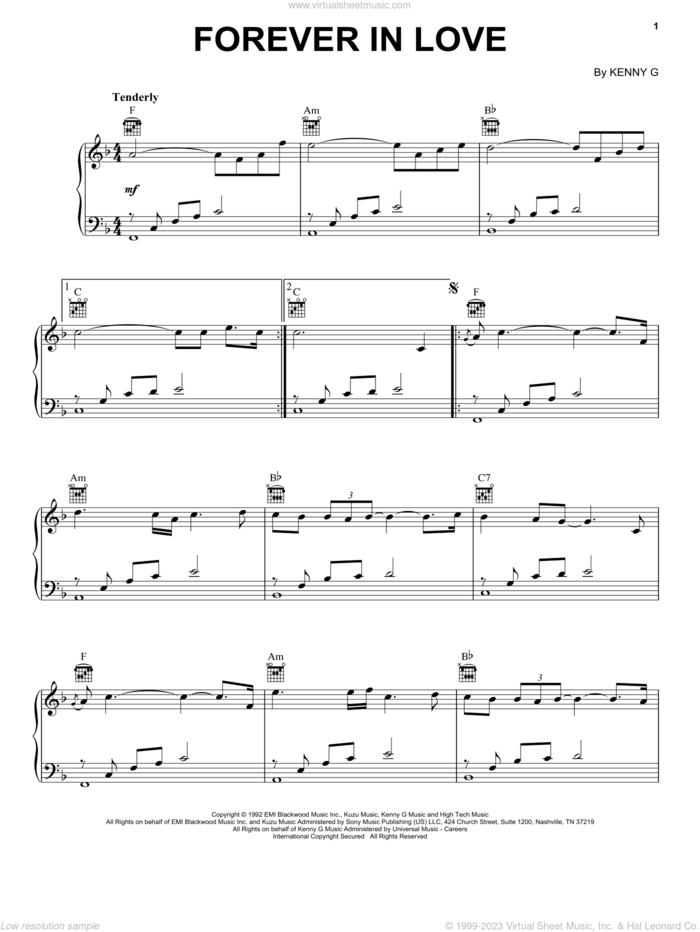 Forever In Love, (intermediate) sheet music for piano solo by Kenny G, intermediate skill level
