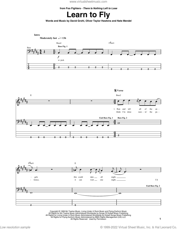 Learn To Fly sheet music for bass (tablature) (bass guitar) by Foo Fighters, Dave Grohl, Nate Mendel and Oliver Taylor Hawkins, intermediate skill level