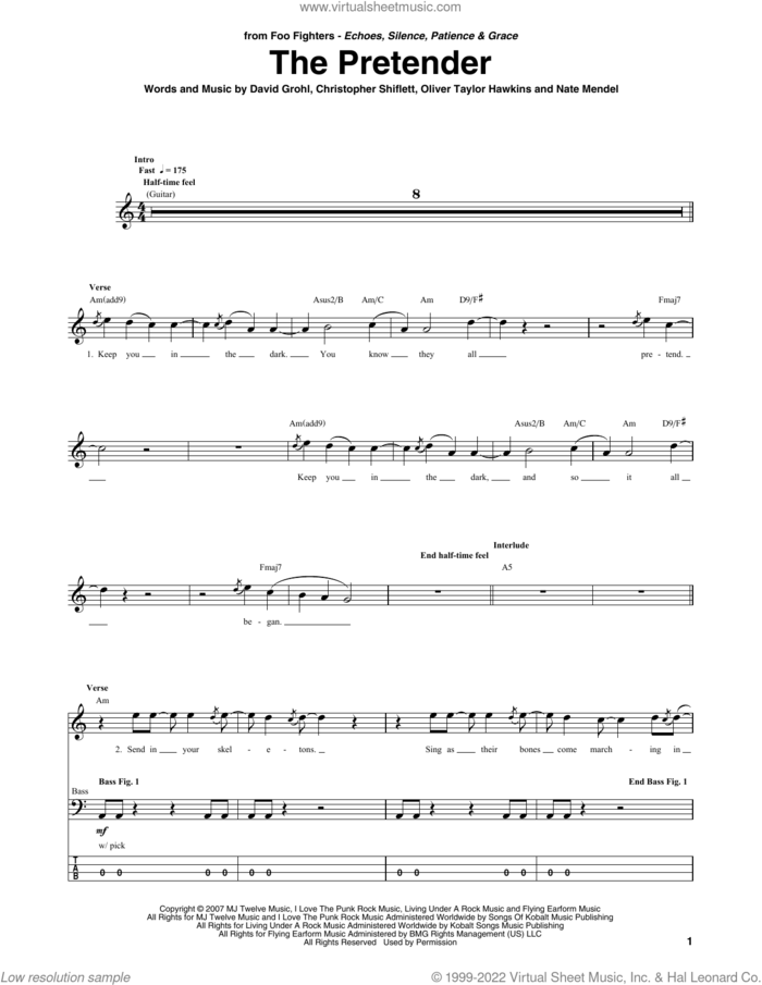 The Pretender sheet music for bass (tablature) (bass guitar) by Foo Fighters, Christopher Shiflett, Dave Grohl, Nate Mendel and Oliver Taylor Hawkins, intermediate skill level