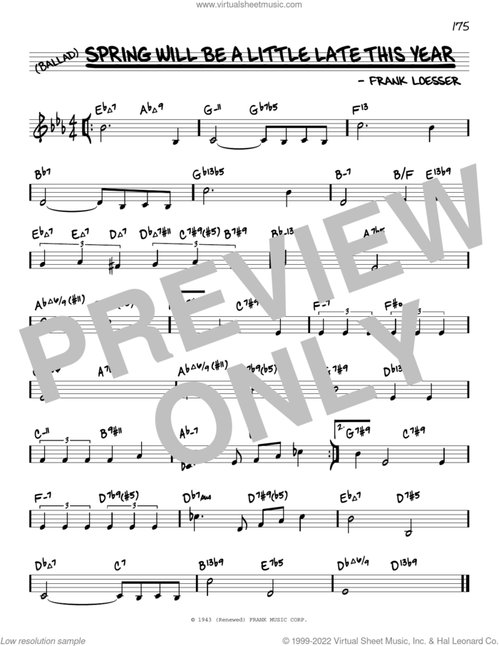 Spring Will Be A Little Late This Year (arr. David Hazeltine) sheet music for voice and other instruments (real book) by Frank Loesser and David Hazeltine, intermediate skill level