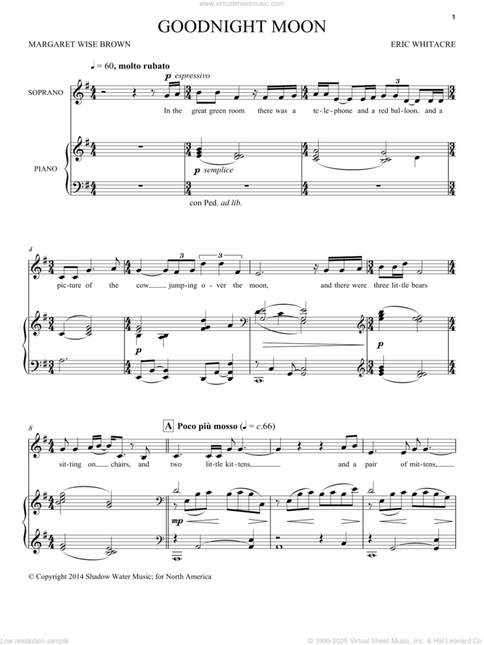 Goodnight Moon sheet music for voice and piano by Eric Whitacre and Margaret Wise Brown, classical score, intermediate skill level