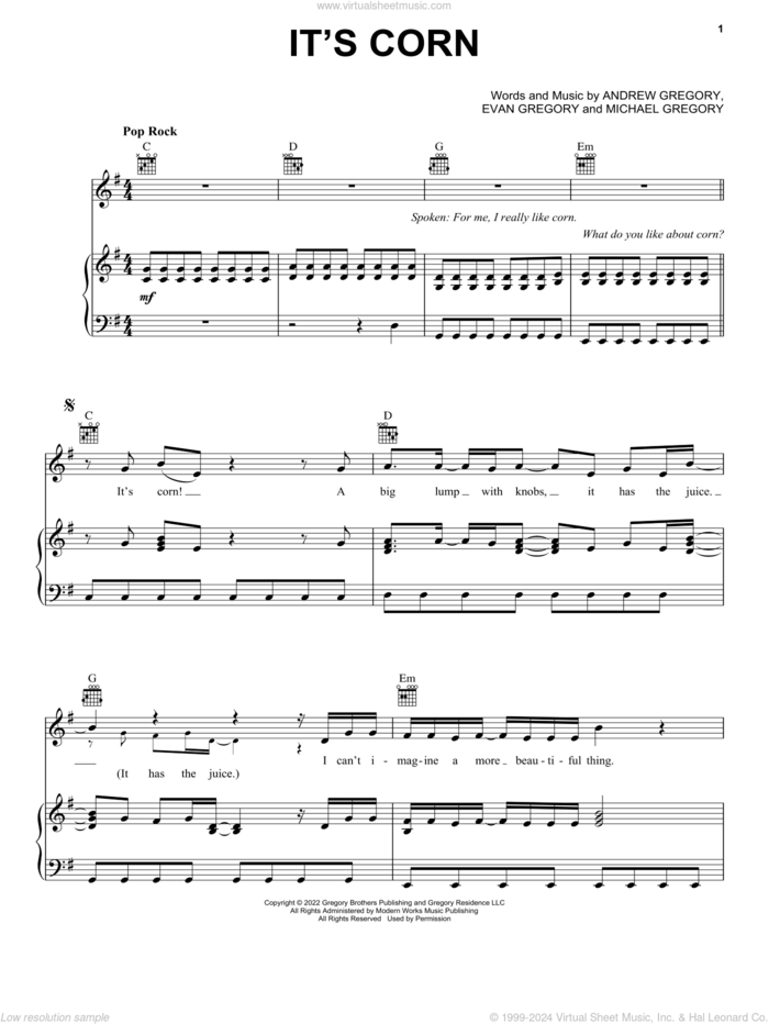 It's Corn (feat. Tariq) sheet music for voice, piano or guitar by The Gregory Brothers, Andrew Gregory, Evan Gregory, Julian Shapiro-Barnum, Michael Gregory and Tariq, intermediate skill level