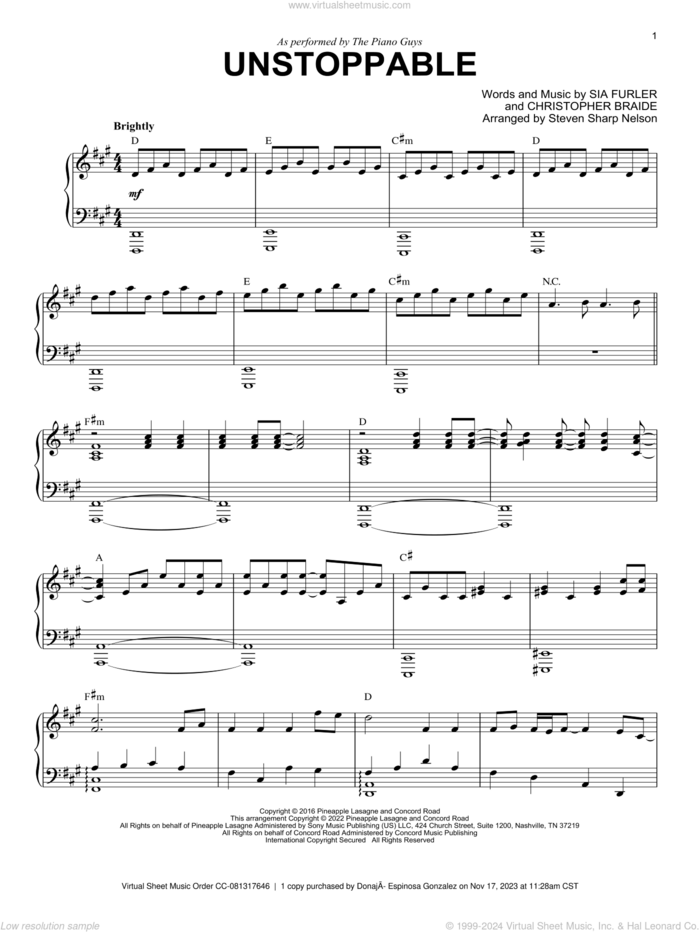 Unstoppable sheet music for piano solo by The Piano Guys, Steven Sharp Nelson, Sia, Chris Braide and Sia Furler, intermediate skill level