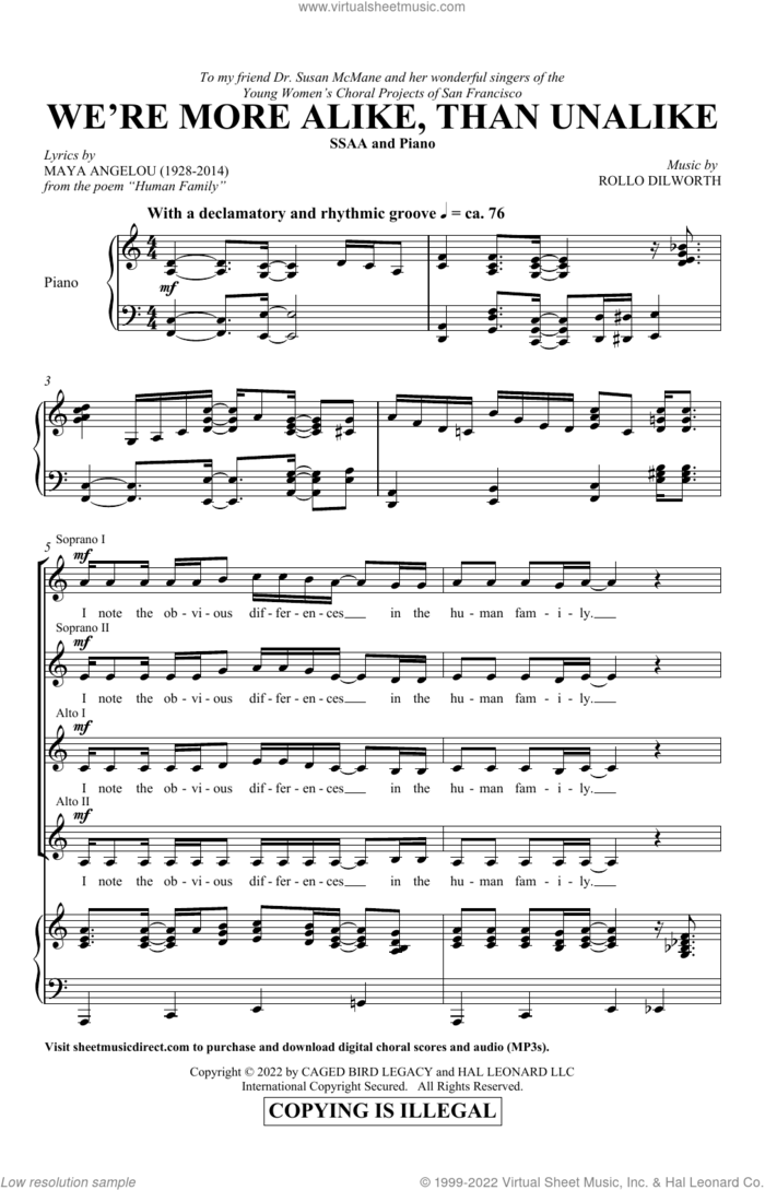 We're More Alike, Than Unalike sheet music for choir (SSAA: soprano, alto) by Rollo Dilworth and Maya Angelou, intermediate skill level