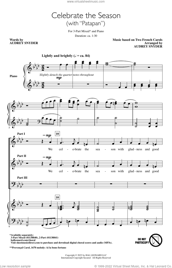 Celebrate The Season (with 'Patapan') sheet music for choir (3-Part Mixed) by Audrey Snyder and French Carols, intermediate skill level