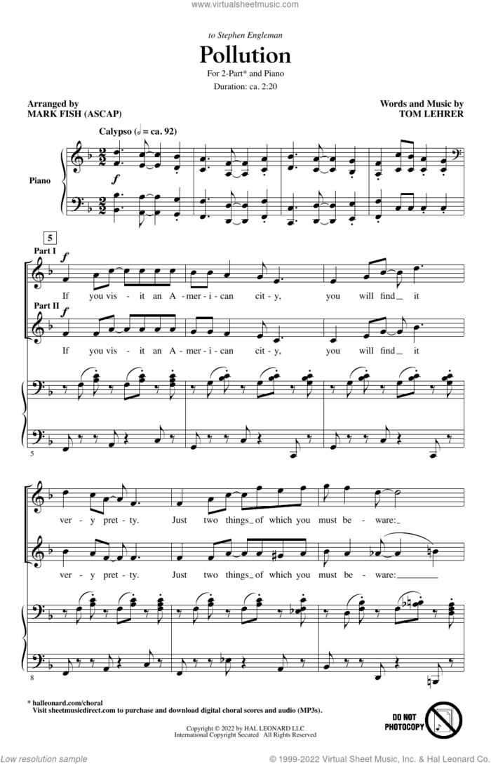 Pollution (arr. Mark Fish) sheet music for choir (2-Part) by Tom Lehrer and Mark Fish, intermediate duet