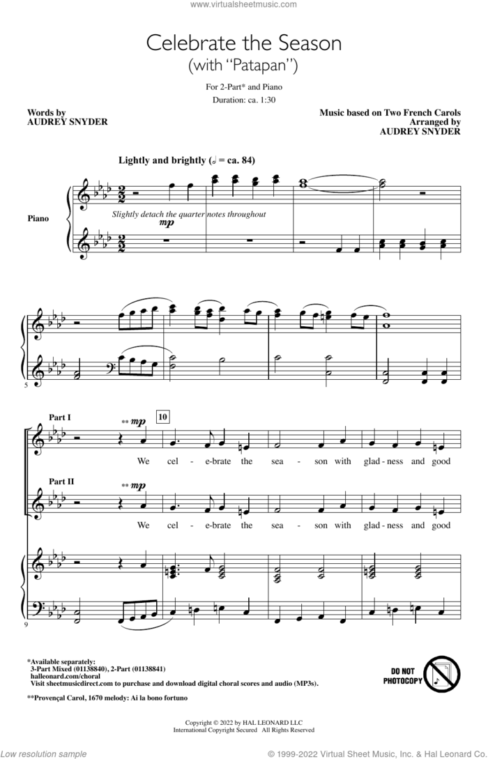 Celebrate The Season (with 'Patapan') sheet music for choir (2-Part) by Audrey Snyder and French Carols, intermediate duet