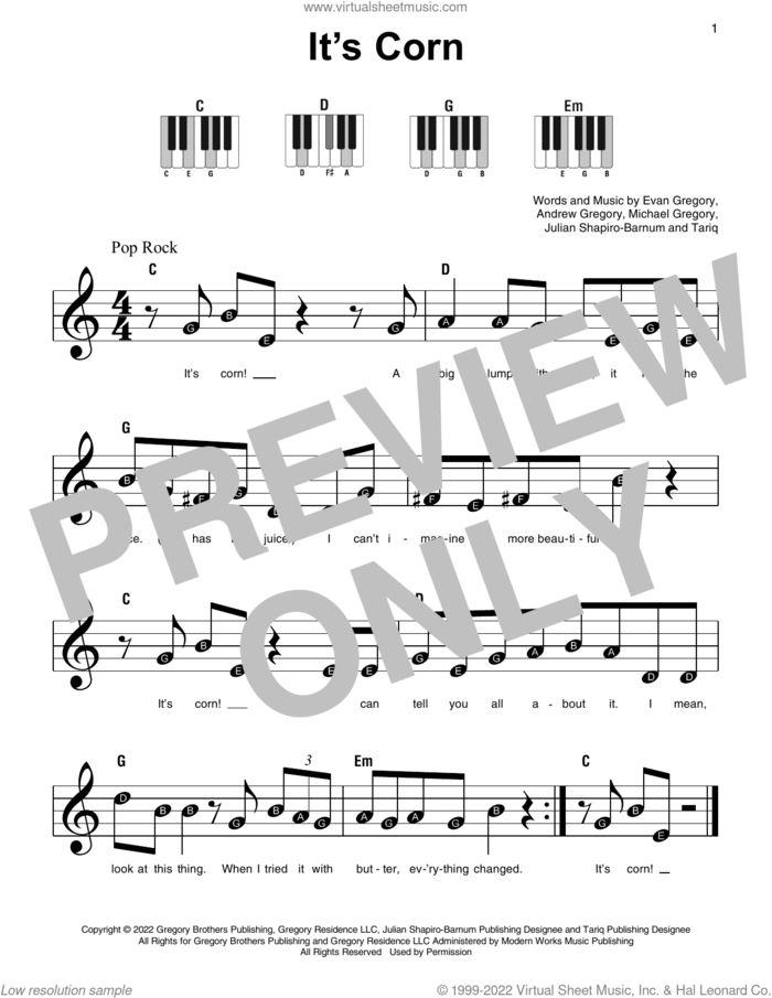 It's Corn (feat. Tariq) sheet music for piano solo by The Gregory Brothers, Andrew Gregory, Evan Gregory, Julian Shapiro-Barnum, Michael Gregory and Tariq, beginner skill level
