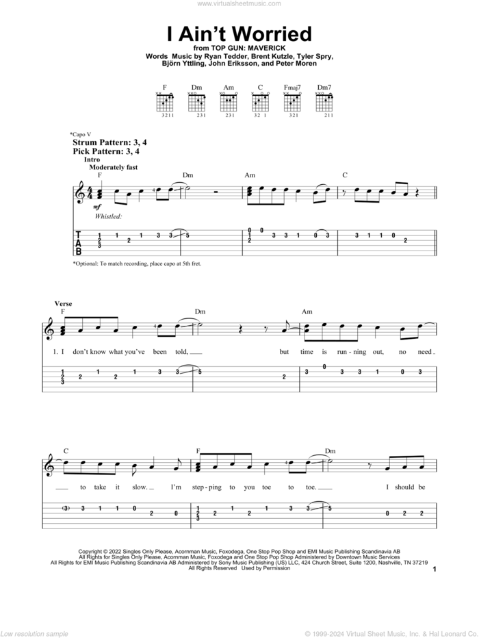 I Ain't Worried (from Top Gun: Maverick) sheet music for guitar solo (easy tablature) by OneRepublic, Bjorn Yttling, Brent Kutzle, John Eriksson, Peter Moren, Ryan Tedder and Tyler Spry, easy guitar (easy tablature)