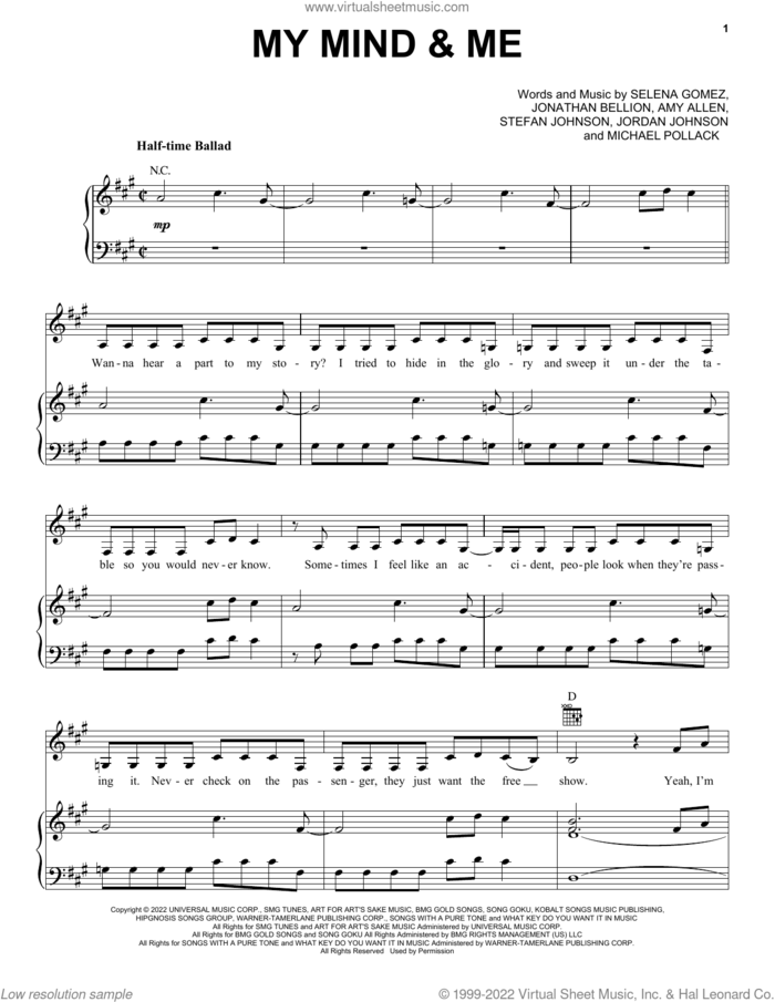 My Mind and Me sheet music for voice, piano or guitar by Selena Gomez, Amy Allen, Jonathan Bellion, Jordan Johnson, Michael Pollack and Stefan Johnson, intermediate skill level