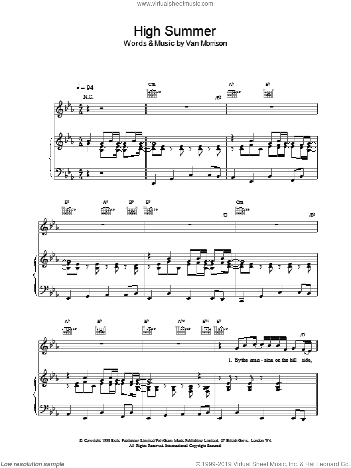 High Summer sheet music for voice, piano or guitar by Van Morrison, intermediate skill level