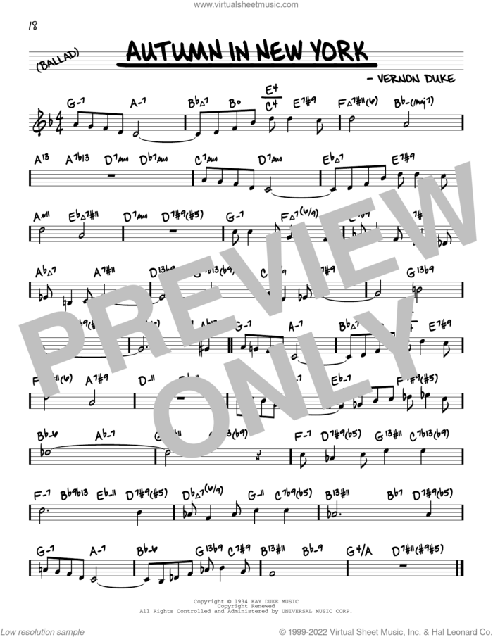 Autumn In New York (arr. David Hazeltine) sheet music for voice and other instruments (real book) by Vernon Duke, David Hazeltine, Bud Powell and Jo Stafford, intermediate skill level