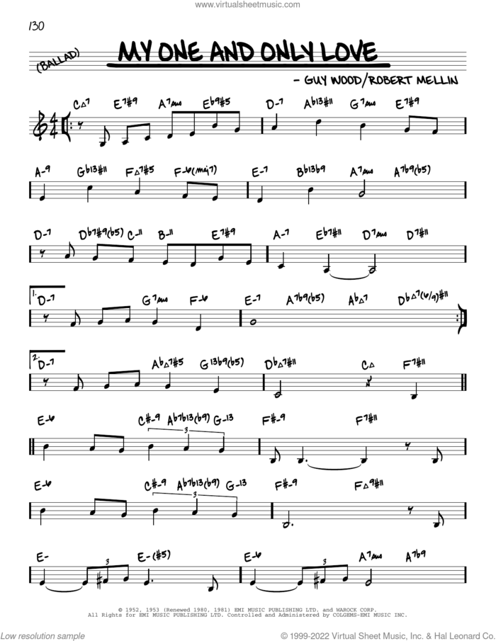 My One And Only Love (arr. David Hazeltine) sheet music for voice and other instruments (real book) by Guy Wood, David Hazeltine and Robert Mellin, intermediate skill level