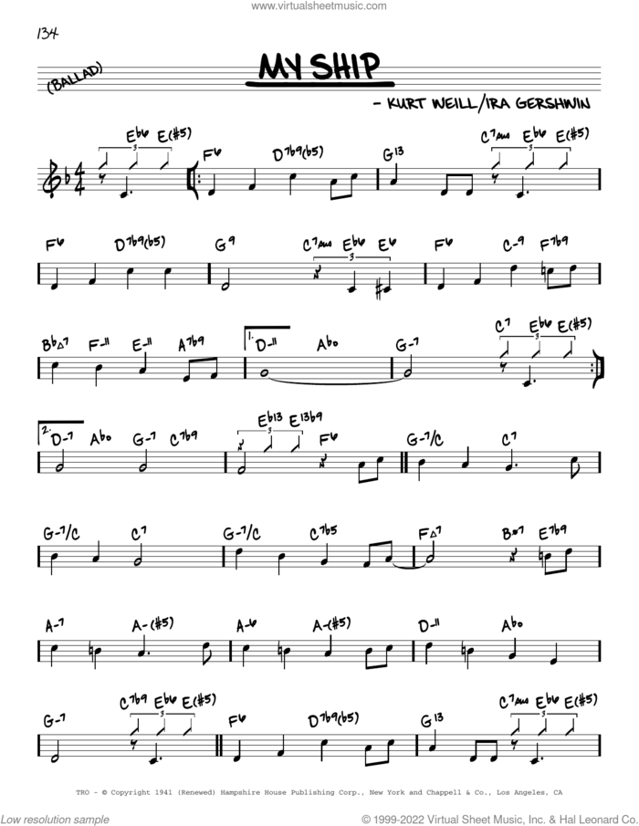My Ship (arr. David Hazeltine) sheet music for voice and other instruments (real book) by Ira Gershwin, David Hazeltine and Kurt Weill, intermediate skill level