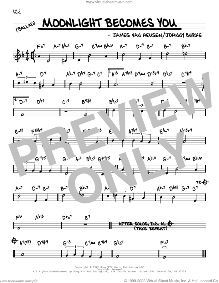 Moonlight Becomes You (arr. David Hazeltine) sheet music for voice and other instruments (real book) by Jimmy Van Heusen, David Hazeltine and John Burke, intermediate skill level